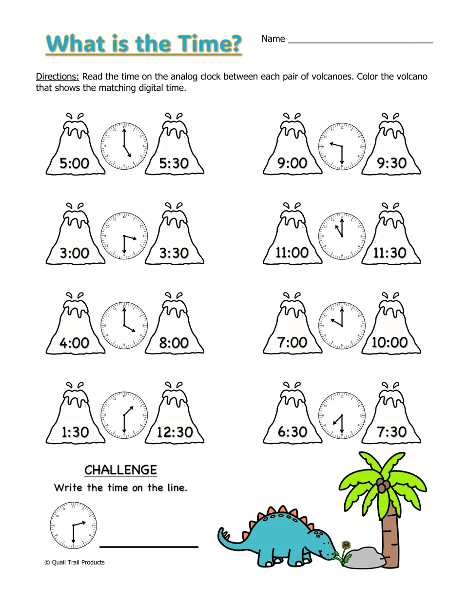 What is the Time? Students read analog clocks and color the volcano with the matching digital time, plus a challenge