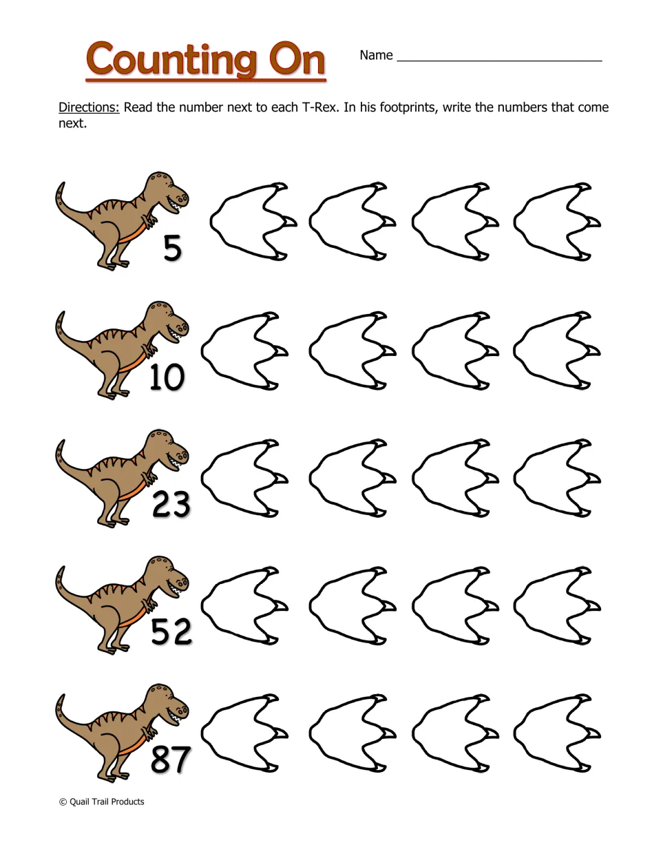 Counting On: students read the number beside each T-Rex and write the next four numbers in its footprints