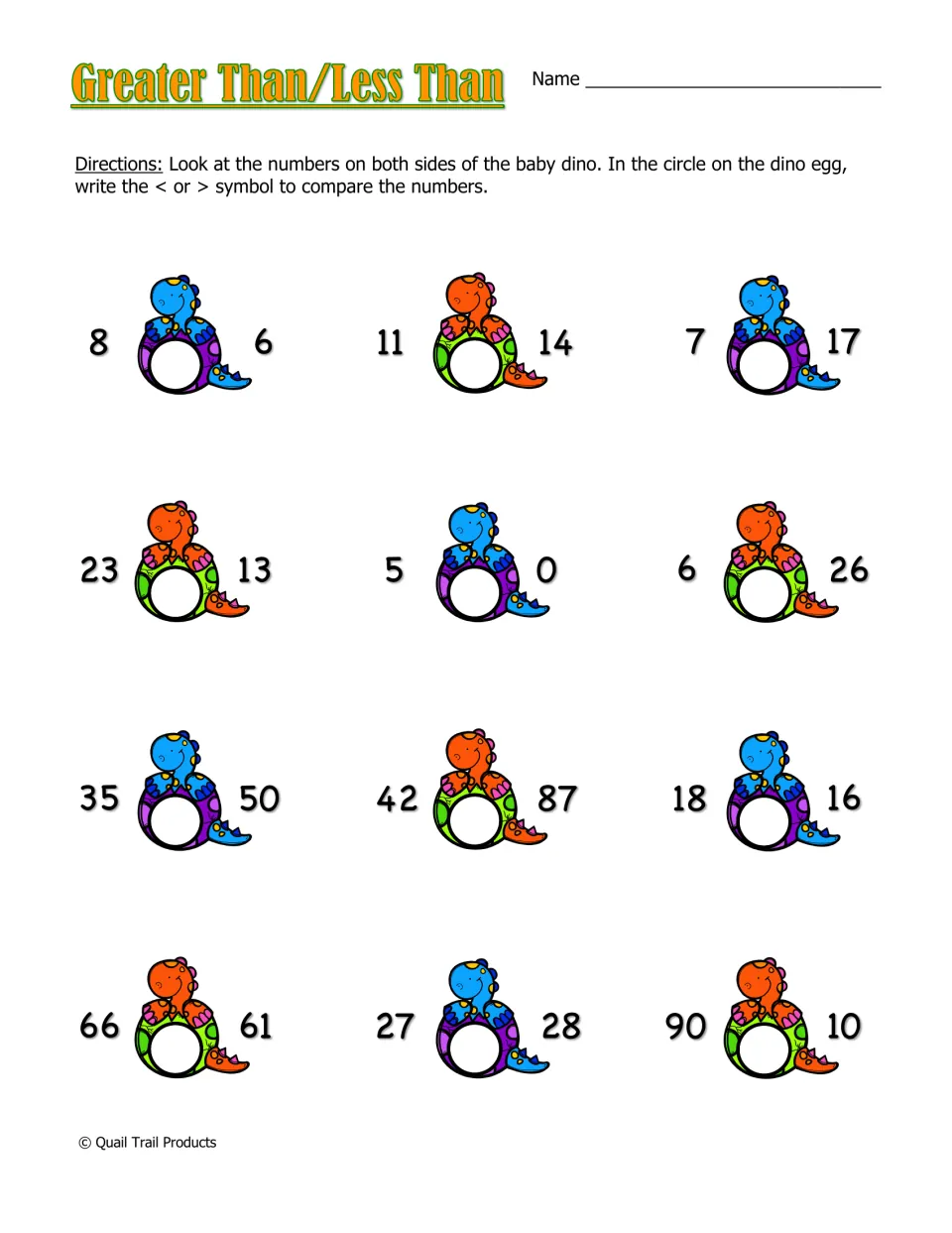 Greater Than/Less Than: students compare two numbers beside each baby dino and write < or > in the dino egg circle
