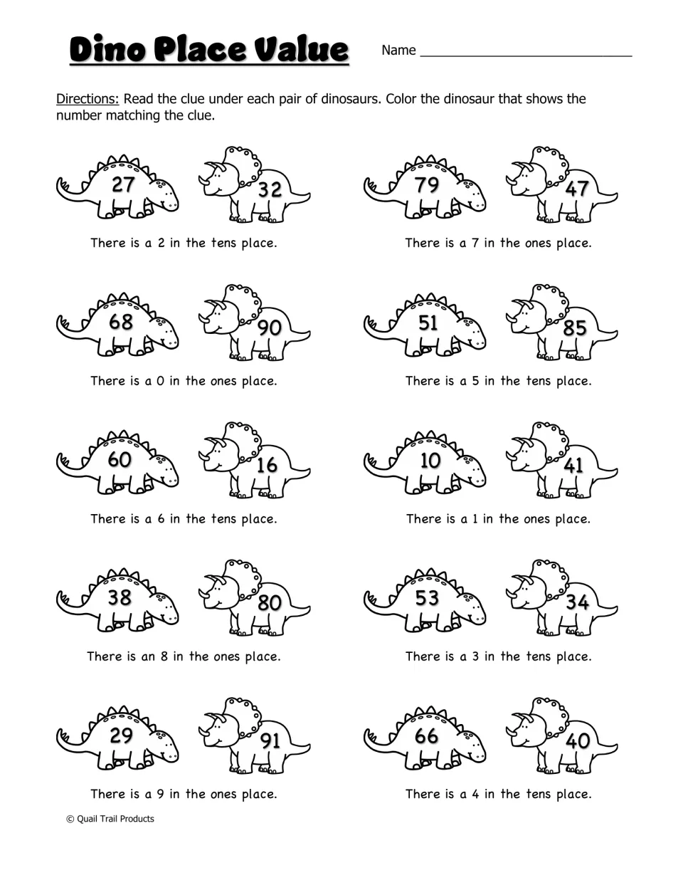 Dino Place Value: students read each tens or ones place clue and color the dinosaur showing the matching number