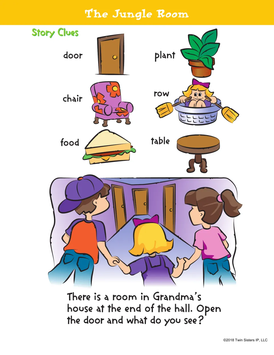 The Jungle Room story clues: picture words door, chair, food, plant, row and table; children peek down Grandma's hall