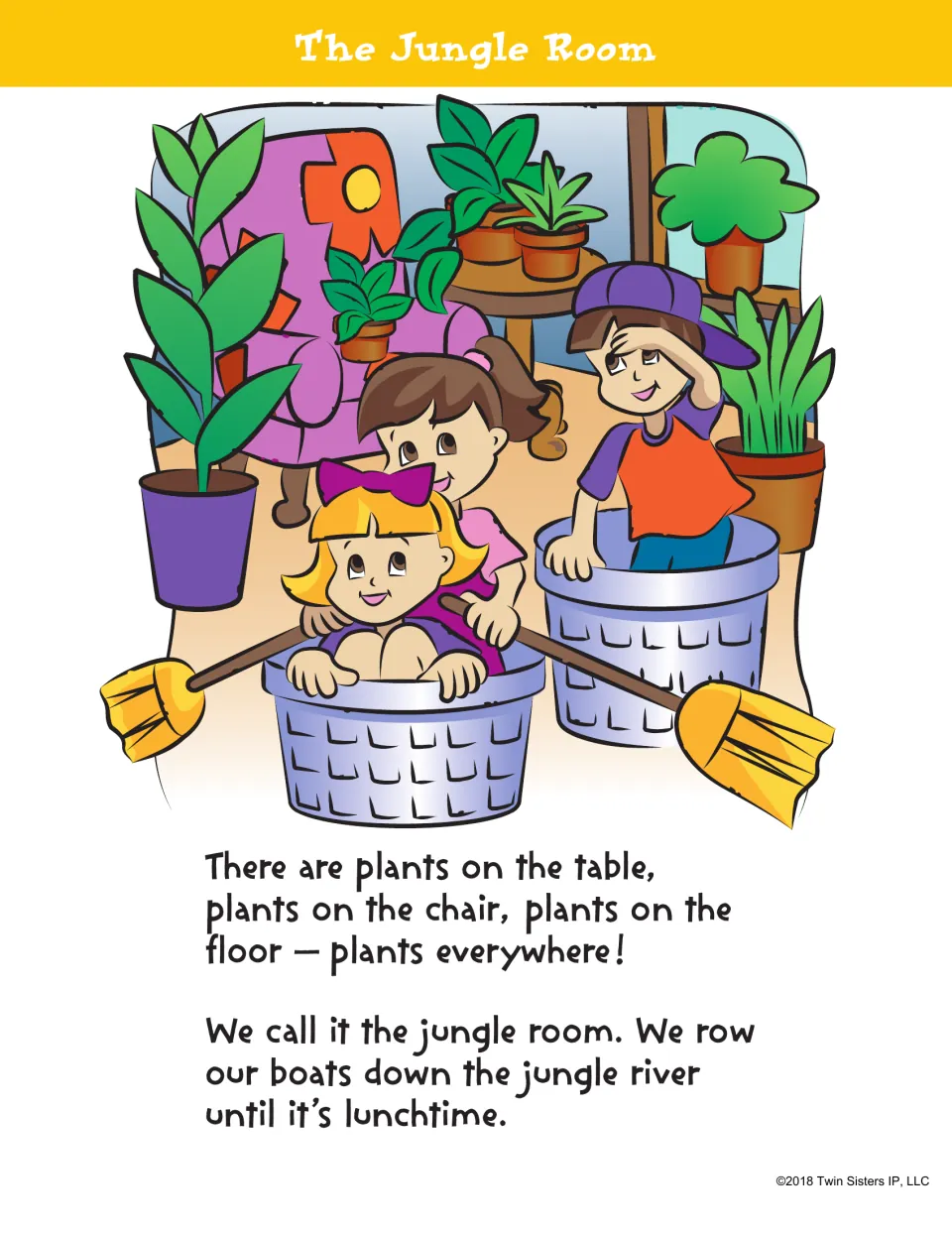 The Jungle Room story continues: plants fill the room as children row laundry-basket boats down a pretend jungle river