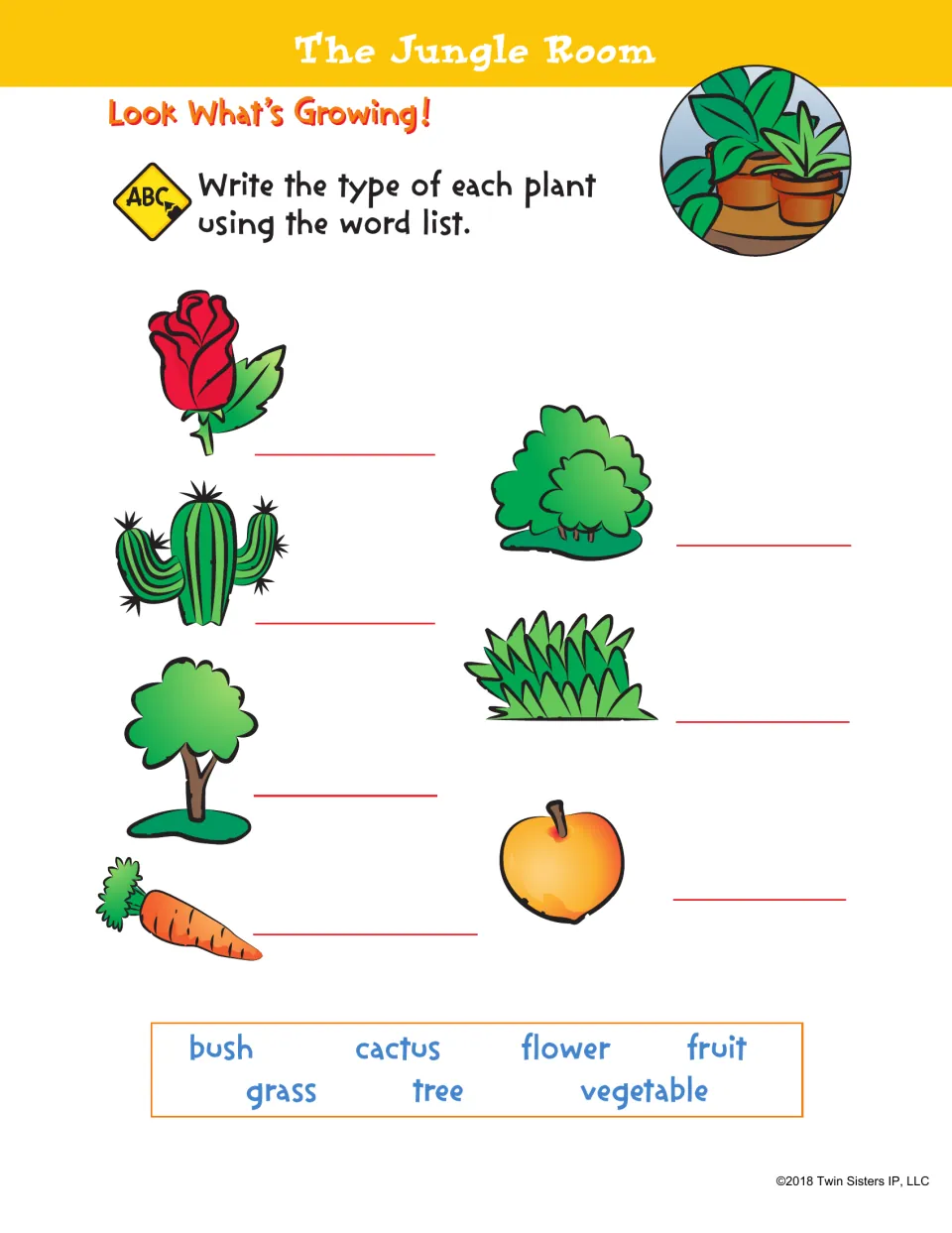 Look What's Growing: students label a rose, cactus, tree, carrot, bush, grass and apple using a 7-word plant-type list