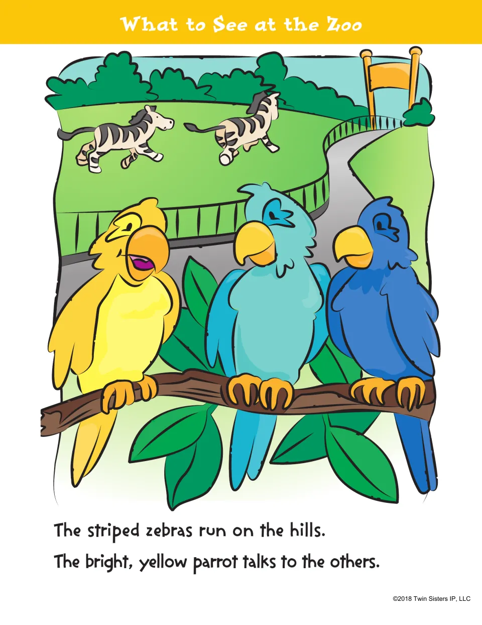 Zoo story continues: striped zebras run on the hills while a bright yellow parrot talks to two blue parrots on a branch