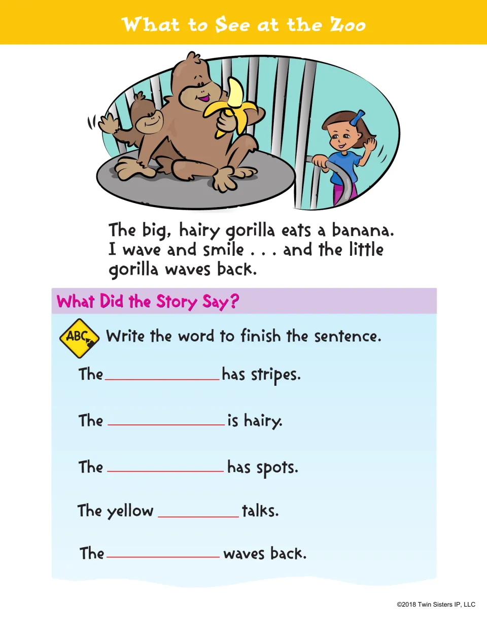 Zoo story recall: after a gorilla eats a banana, students write the animal name to finish 5 sentences on traits