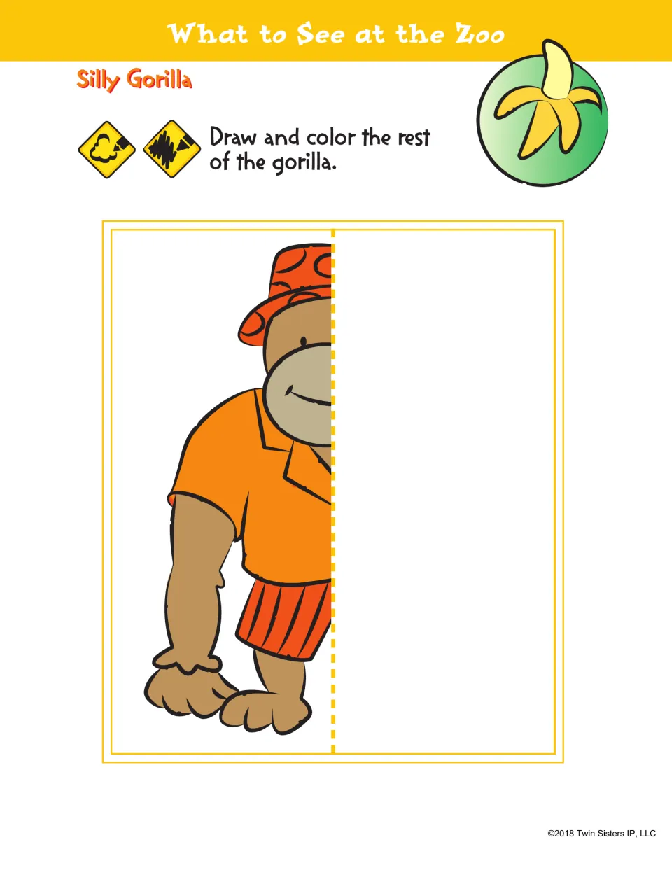 Silly Gorilla: students draw and color the missing right half of a gorilla in an orange shirt, hat and striped shorts
