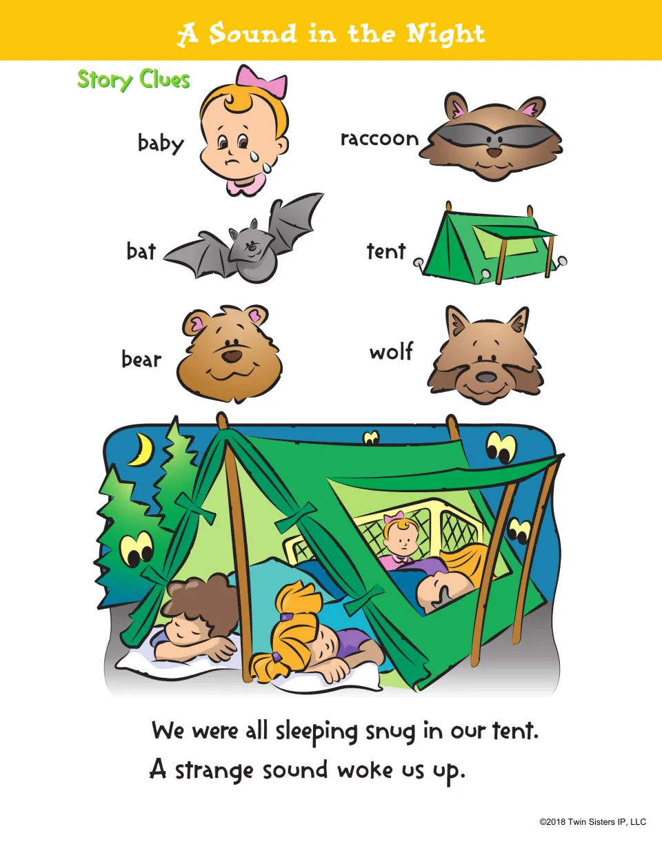 A Sound in the Night story clues: baby, bat, bear, raccoon, tent and wolf; a strange sound wakes sleeping campers