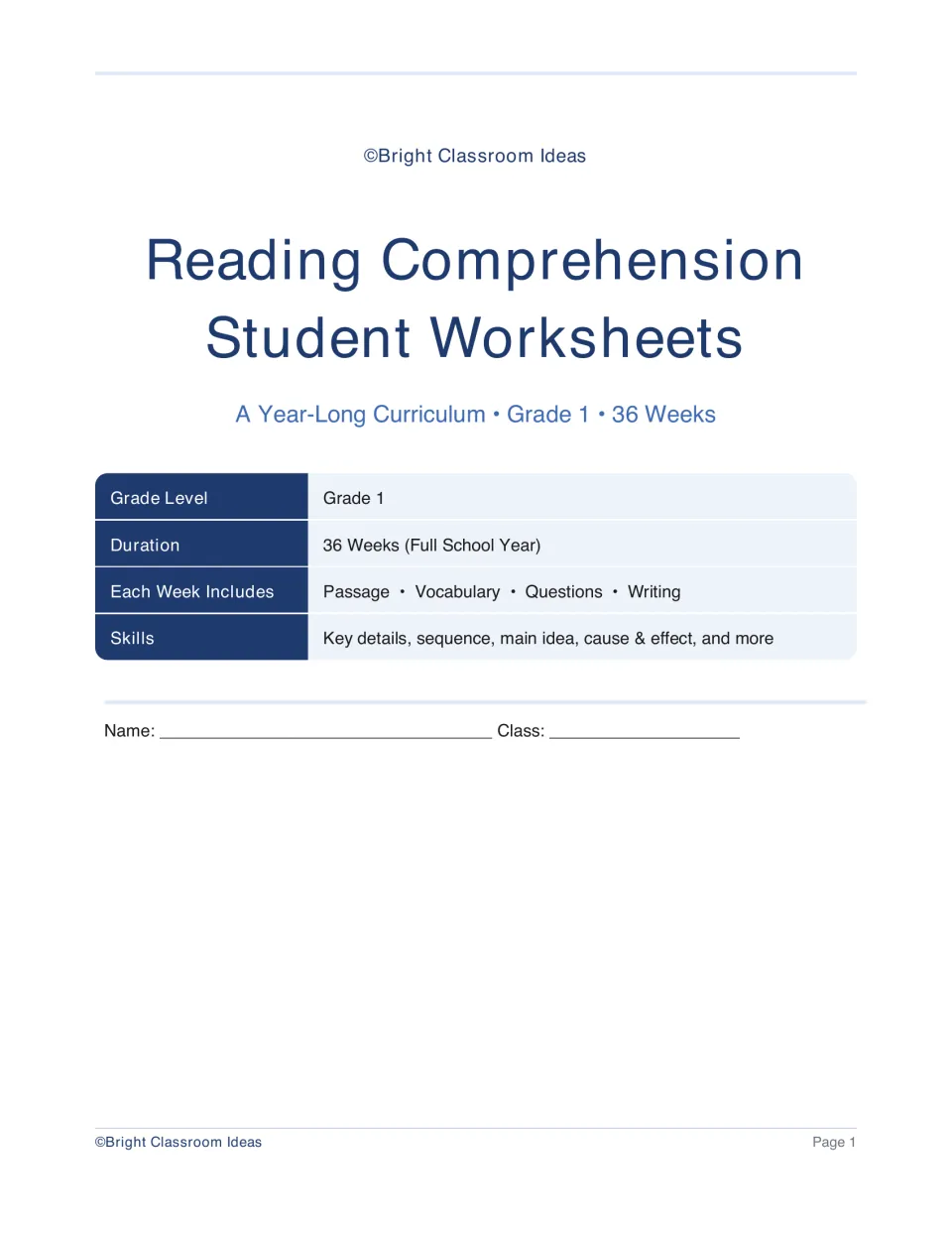 Cover: Reading Comprehension Student Worksheets, 36 weeks for Grade 1 with passage, vocabulary, questions and writing