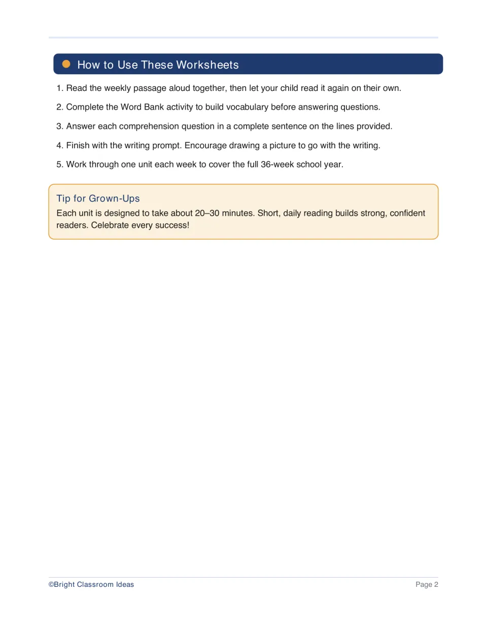 How to use: five steps for reading the weekly passage, word bank, questions and writing prompt, plus a 20–30 minute tip
