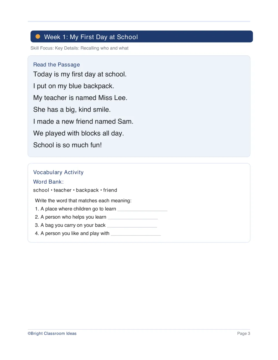 Week 1 key details: students read 'My First Day at School' and match school, teacher, backpack and friend to meanings