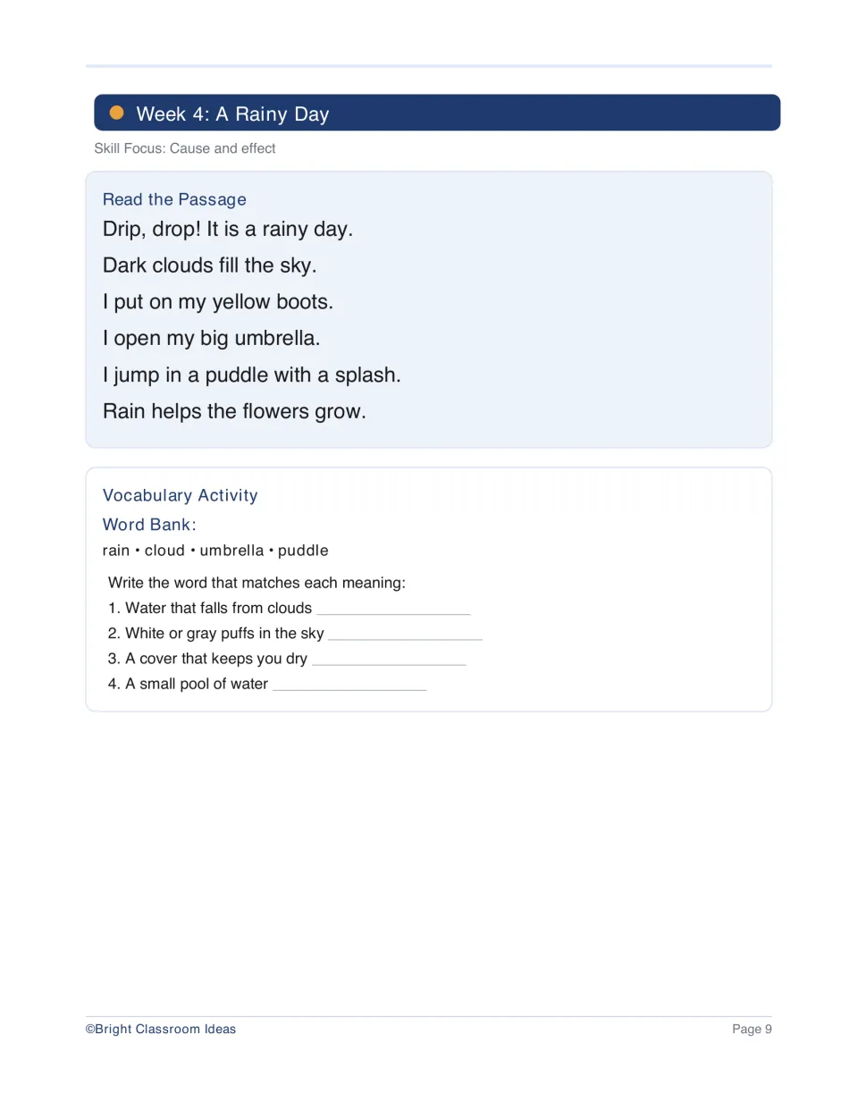 Week 4 cause and effect: students read 'A Rainy Day' and match rain, cloud, umbrella and puddle to their meanings