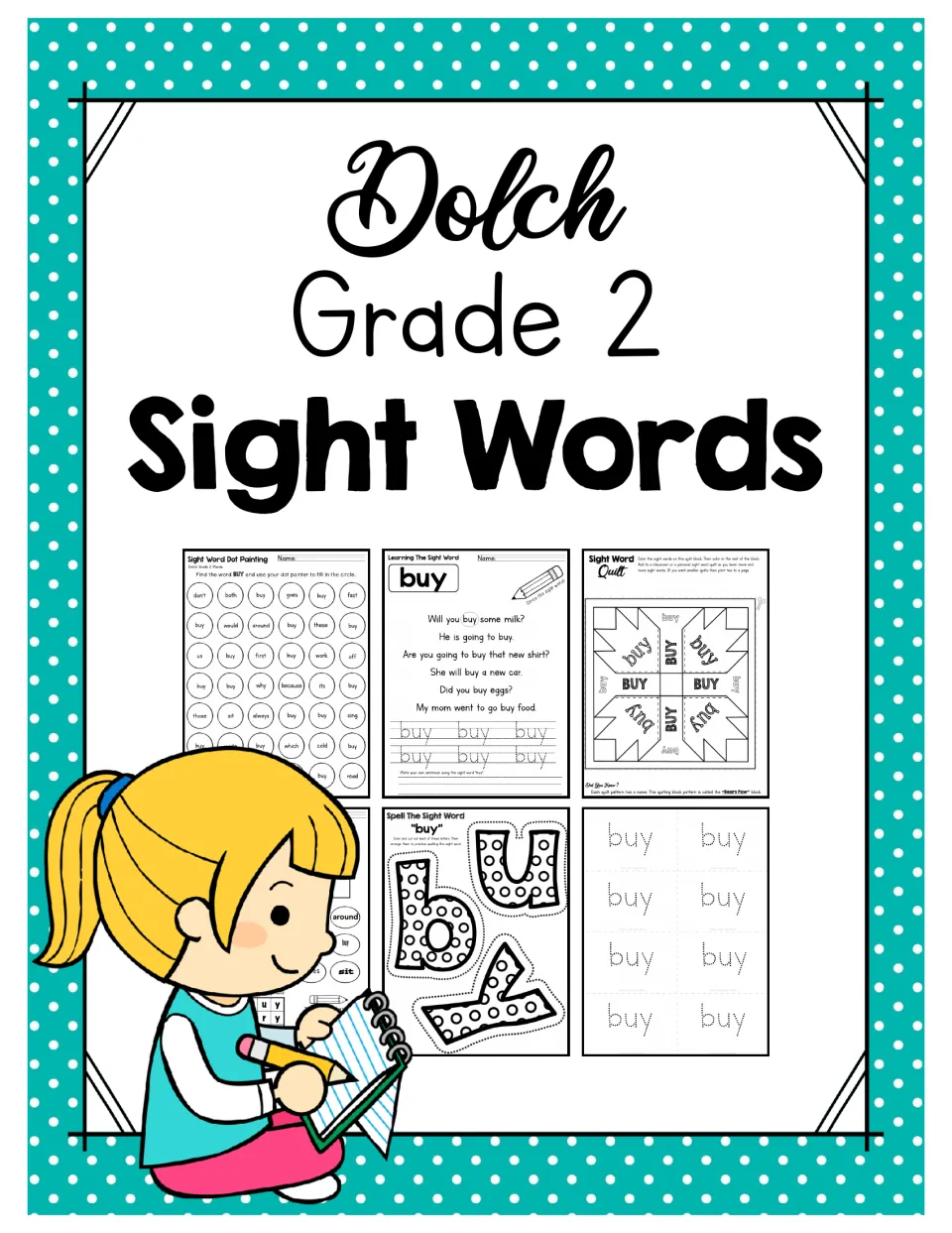 Dolch Grade 2 Sight Words cover previewing dot painting, sentence tracing, quilt block, letter cut-out and tracing pages