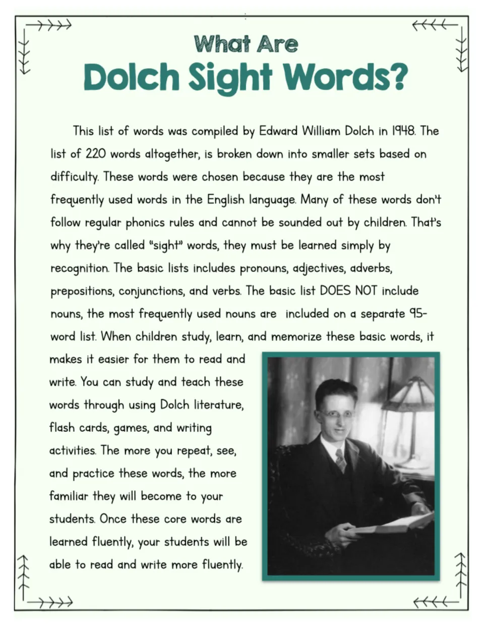 What Are Dolch Sight Words? Background on Edward William Dolch's 1948 list of 220 high-frequency words, and a portrait