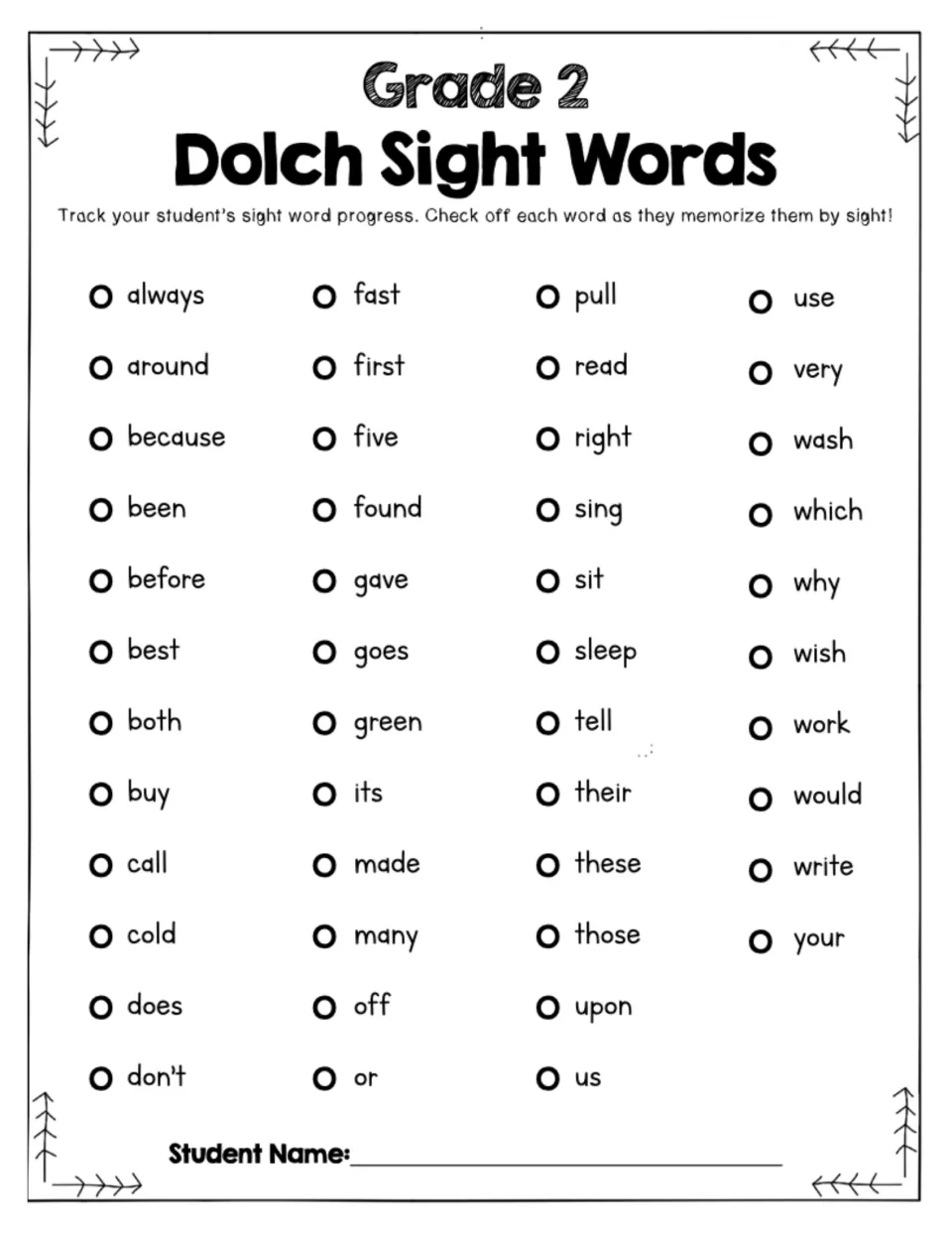 Sight word tracking chart: check off each Grade 2 Dolch word, from always to your, as a student reads it by sight