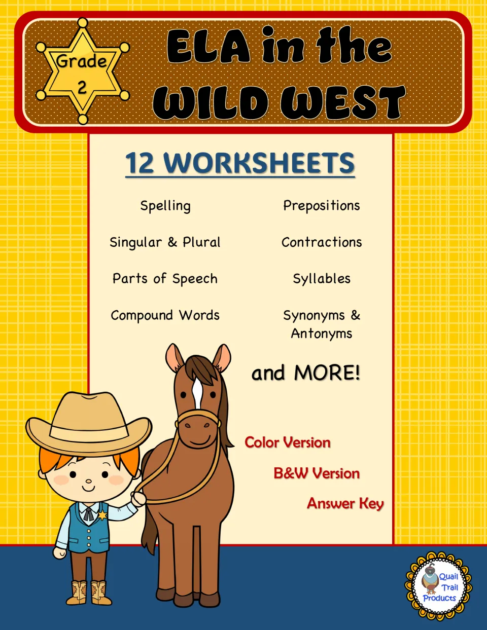 ELA in the Wild West cover: 12 Grade 2 worksheets on spelling, plurals, contractions, syllables and more, with answer key