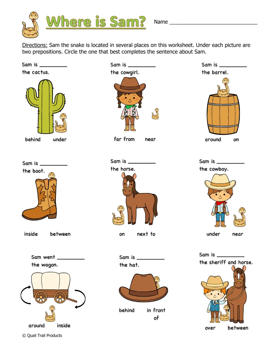 Where is Sam? prepositions: students circle behind, under, near, around or between to tell where a snake is in 9 pictures