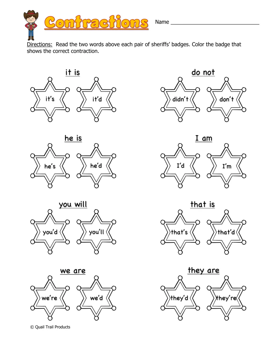 Contractions: students read pairs like it is, do not and they are, then color the sheriff badge with the right contraction