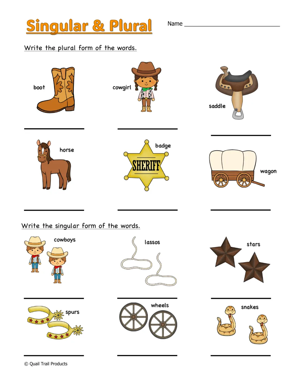 Singular and plural nouns: students write plurals of boot, horse, wagon, then singulars of cowboys, lassos, snakes and more