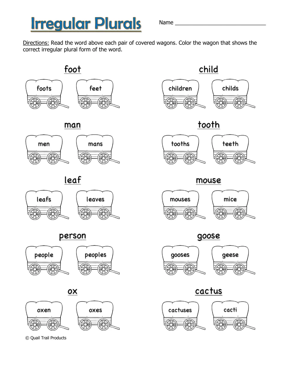 Irregular plurals: students color the wagon showing the right plural of foot, child, mouse, goose, ox, cactus and others