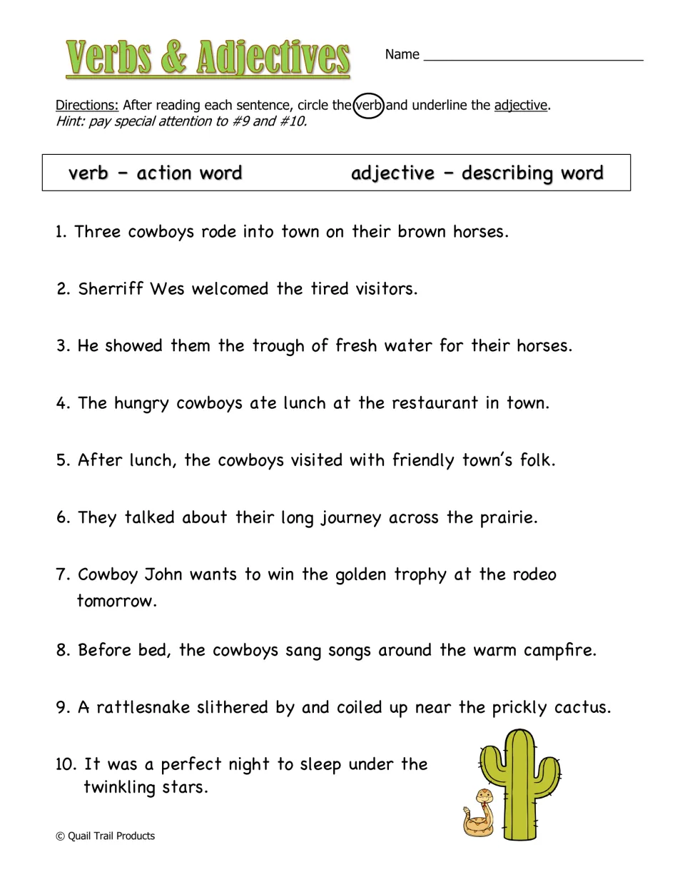 Verbs and adjectives: students circle the verb and underline the adjective in 10 sentences about cowboys in a western town