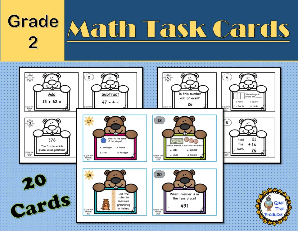 Cover of the Grade 2 math task card set, labeled '20 Cards', showing color and black-and-white samples