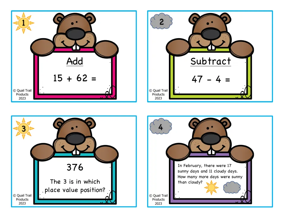 Color math cards 1–4: 15 + 62, 47 − 4, the place value of 3 in 376, and comparing sunny and cloudy days