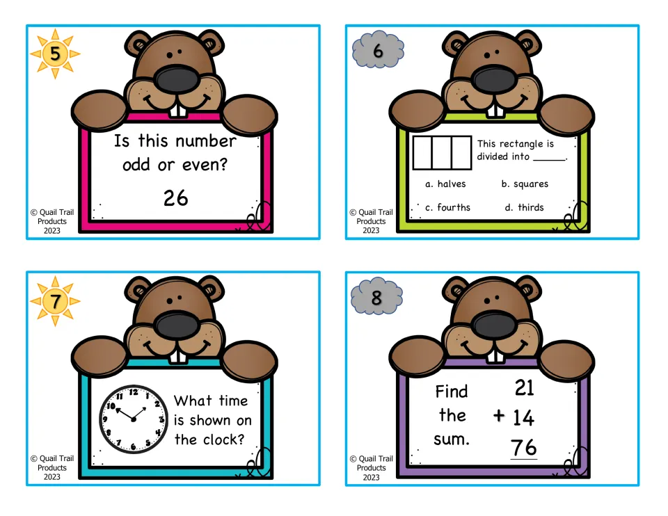 Color math cards 5–8: odd or even 26, a rectangle divided into thirds, reading a clock, and adding 21, 14, 76