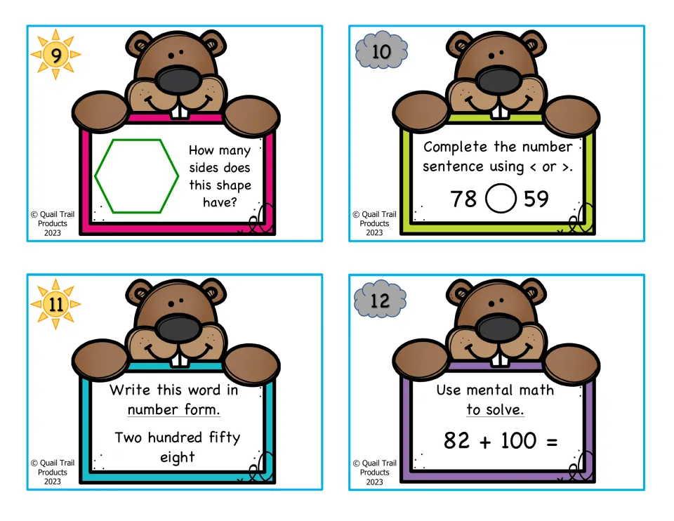 Color math cards 9–12: hexagon sides, comparing 78 and 59, writing two hundred fifty eight, and 82 + 100