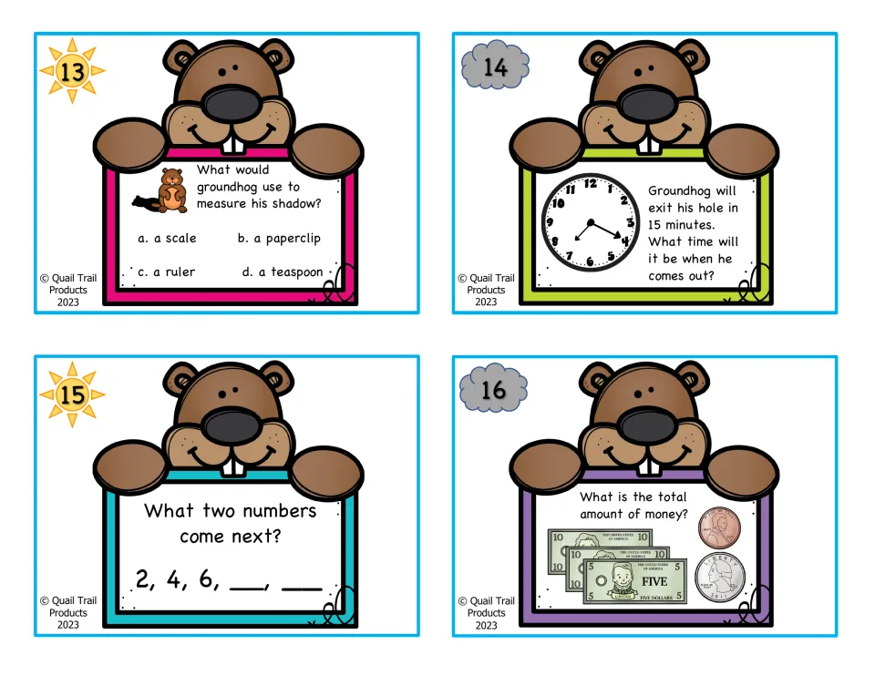 Color math cards 13–16: choosing a measuring tool, adding 15 minutes, extending 2, 4, 6, and counting money
