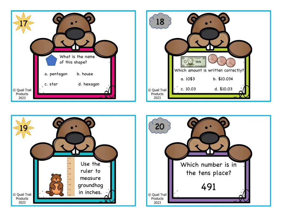 Color math cards 17–20: naming a pentagon, writing $10.03, measuring a groundhog, and the tens place in 491