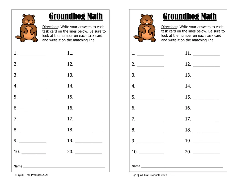 Groundhog Math recording sheet printed twice, with directions to match answers to task card numbers 1–20