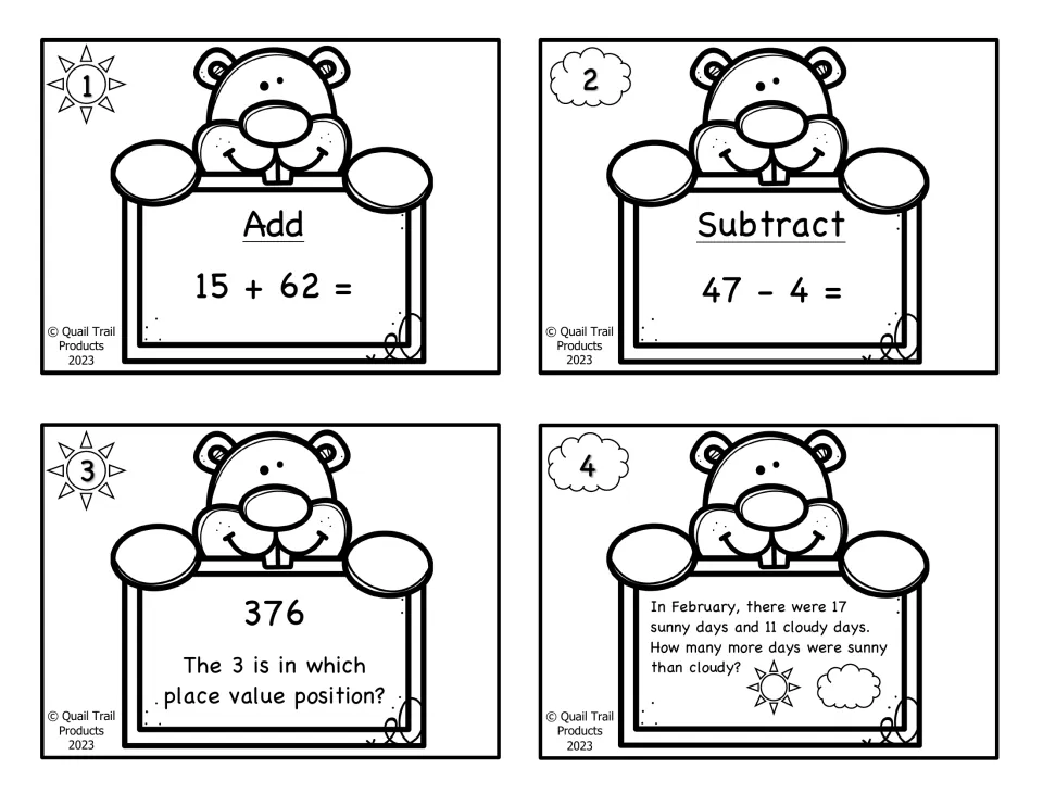 Black-and-white math cards 1–4: 15 + 62, 47 − 4, place value in 376, and comparing sunny and cloudy days