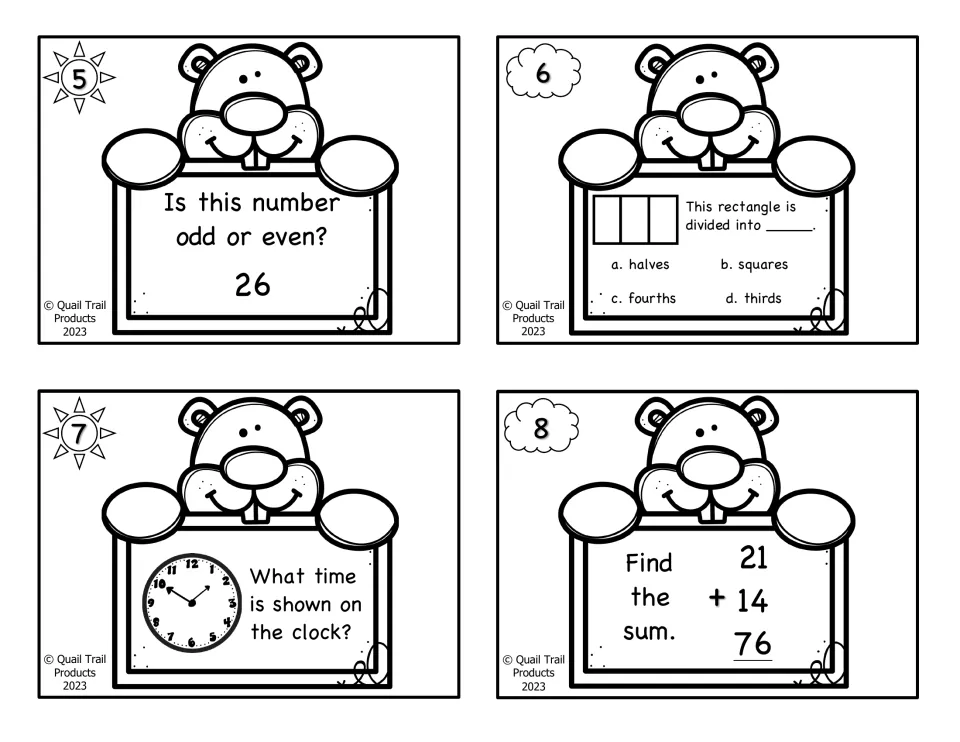 Black-and-white math cards 5–8: odd or even 26, rectangle thirds, reading a clock, and adding 21, 14, 76