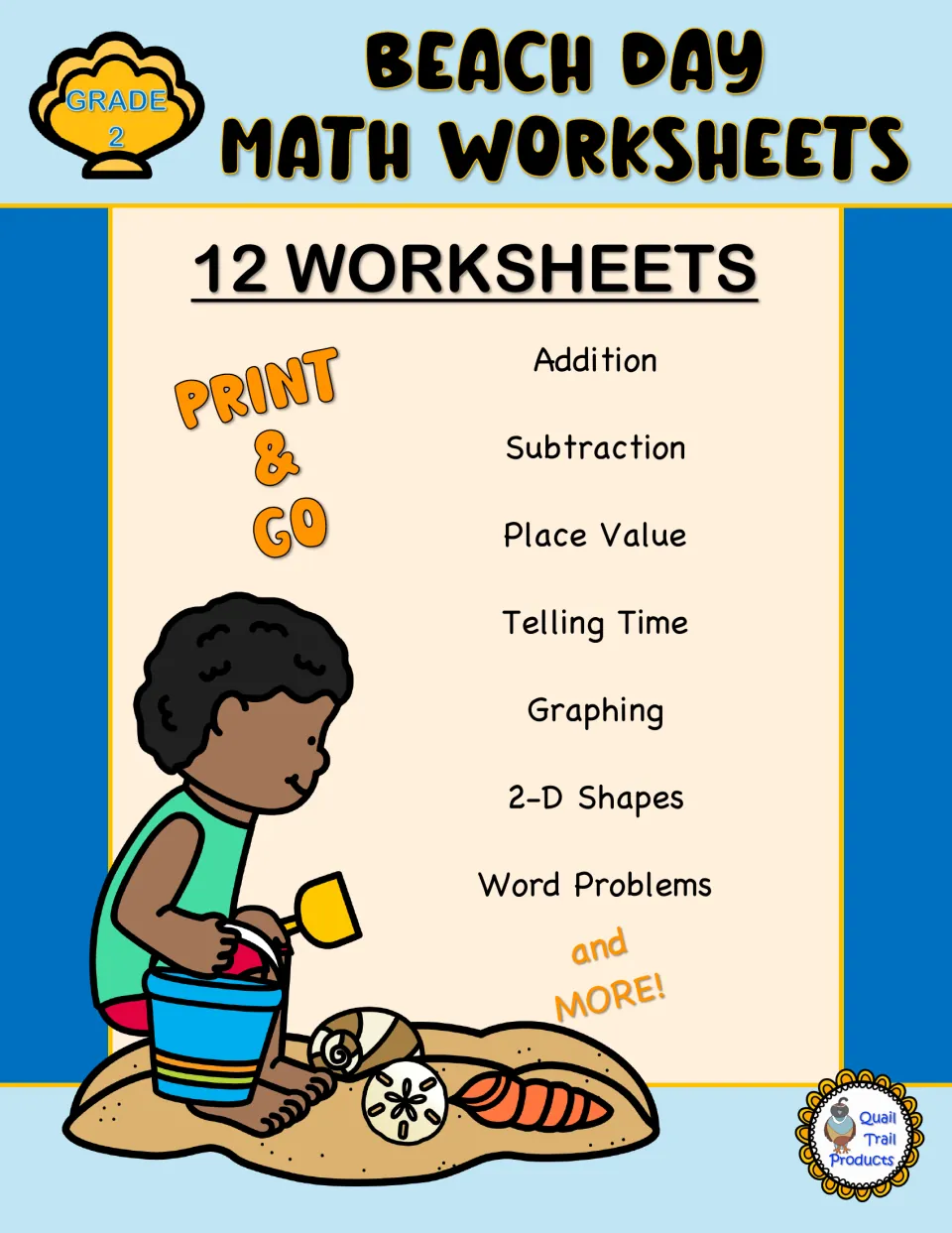 Beach Day Math Worksheets cover listing 12 worksheets: addition, subtraction, place value, time, graphing, 2-D shapes