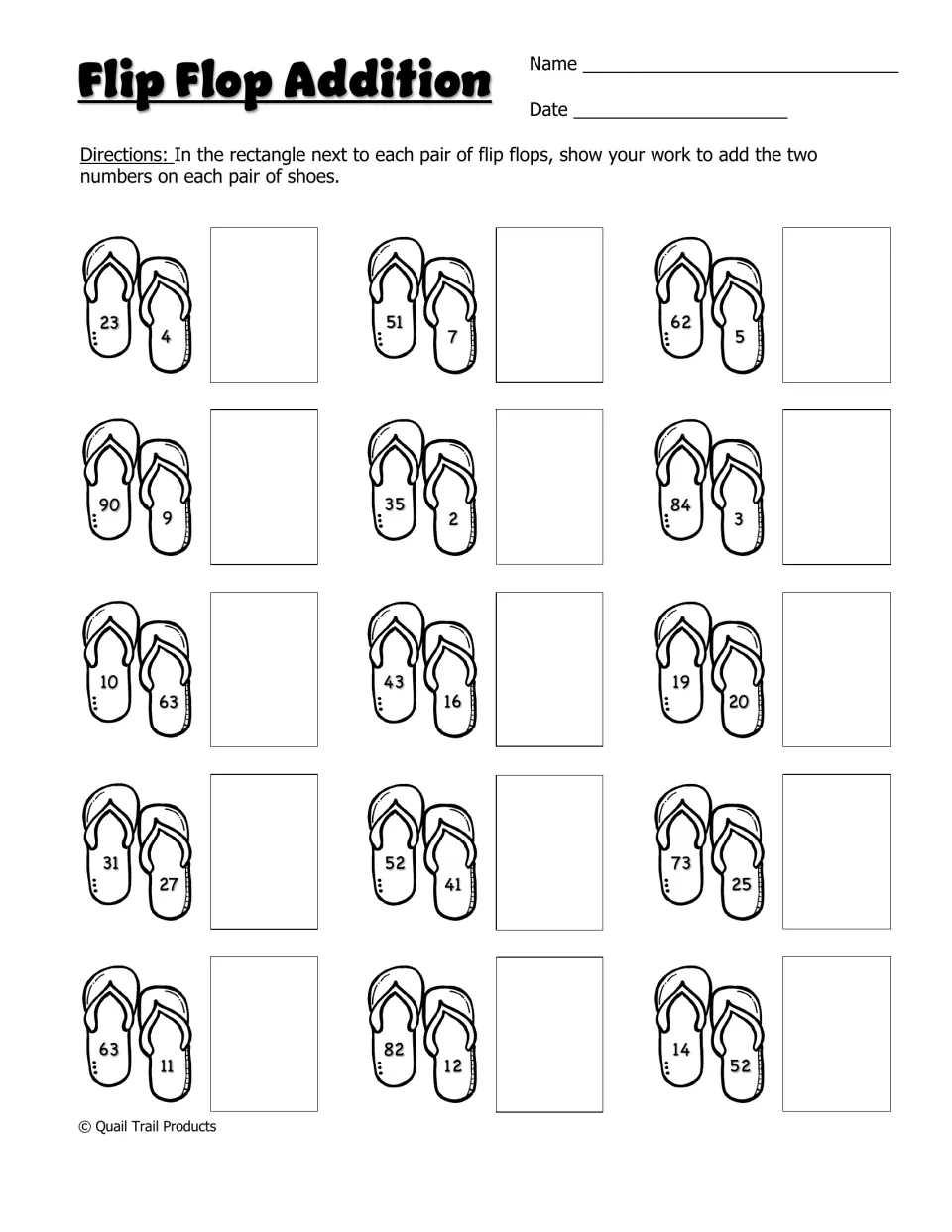 Flip Flop Addition: students add the two numbers on each pair of flip flops and show their work in 15 problems like 23 + 4