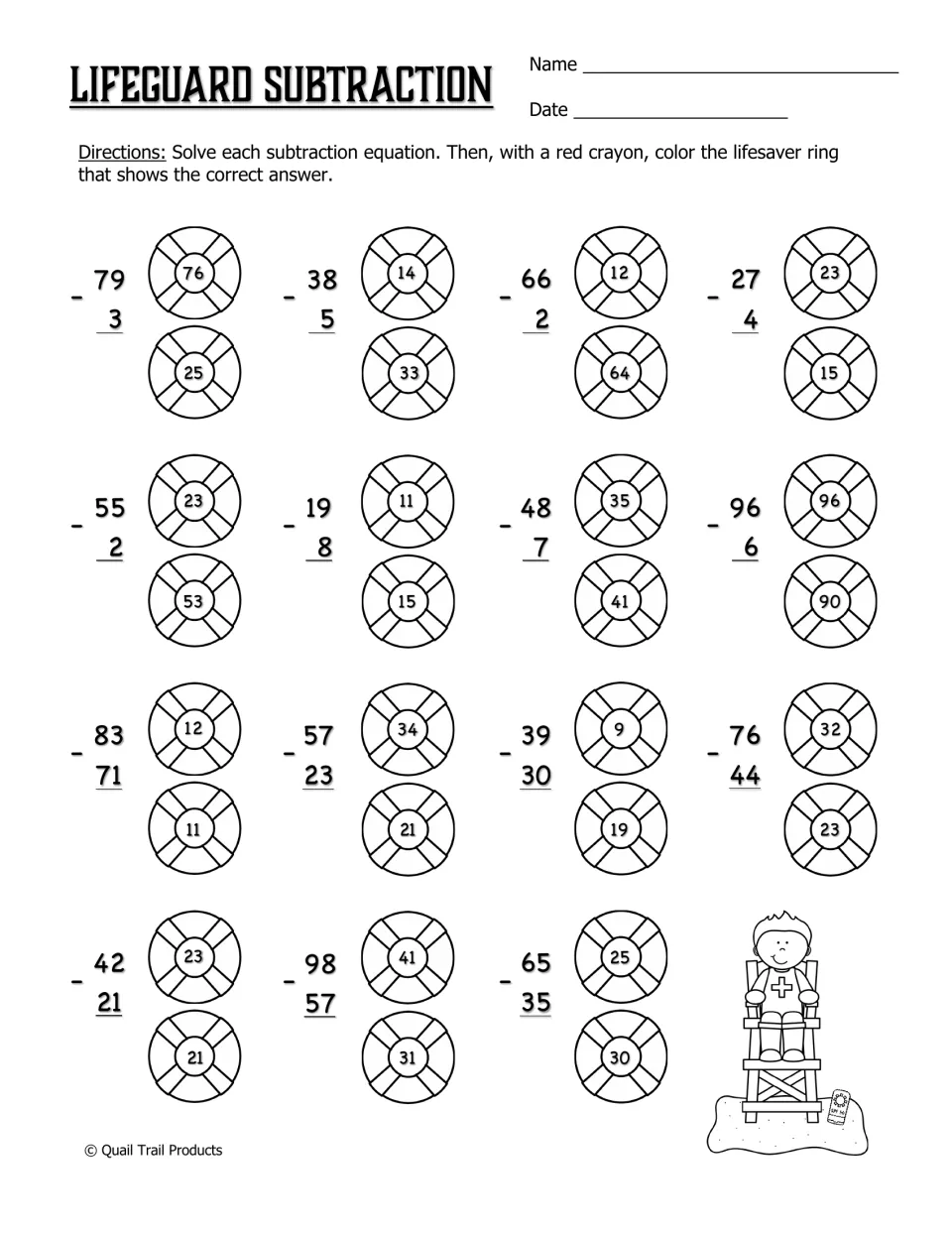 Lifeguard Subtraction: students solve 15 subtraction problems and color the lifesaver ring with the correct answer