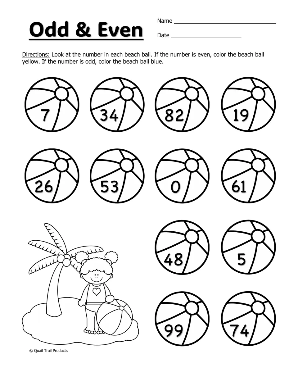 Odd and even numbers: students color each beach ball yellow if its number is even or blue if it is odd, 12 numbers