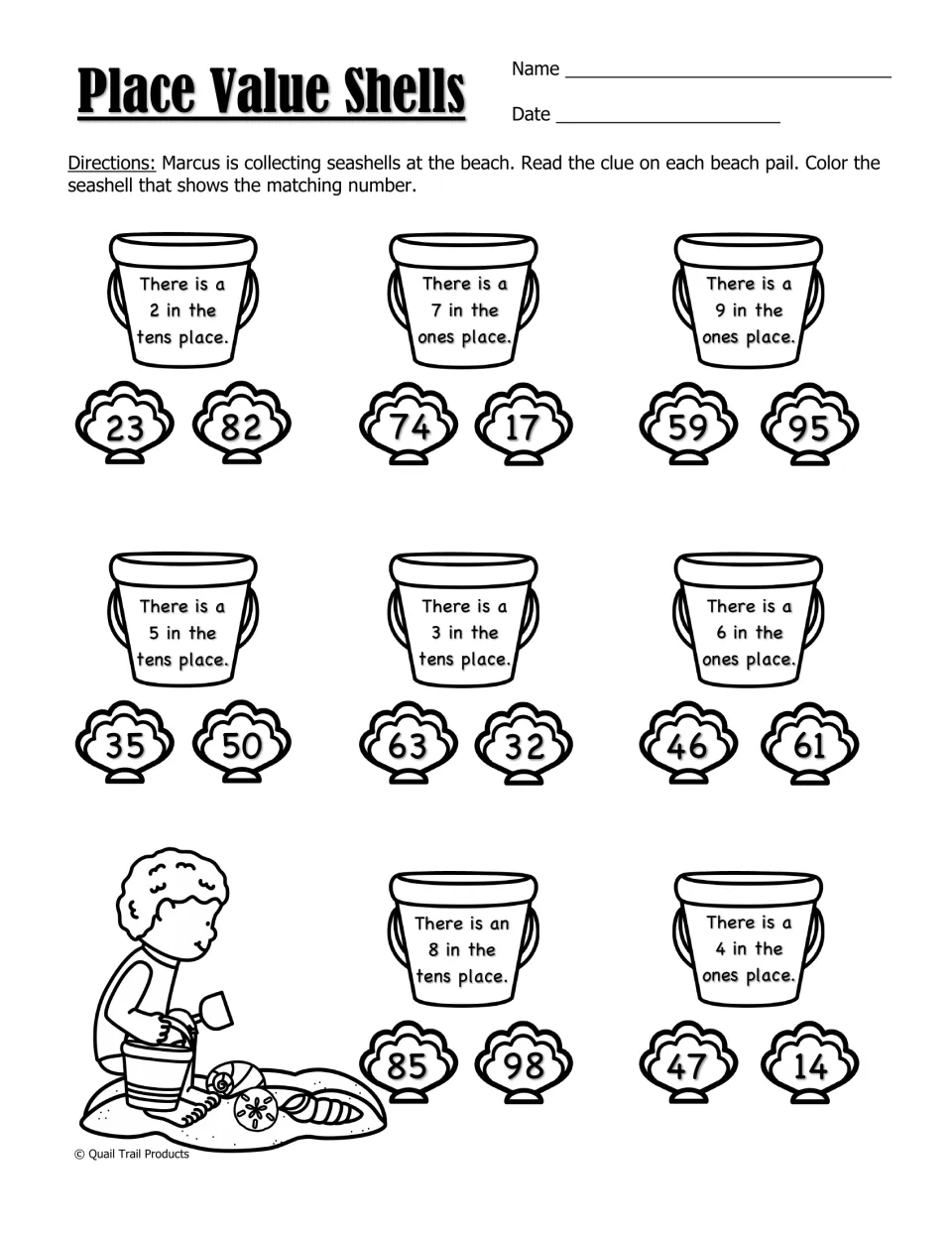 Place Value Shells: students read tens and ones place clues on beach pails and color the seashell with the matching number