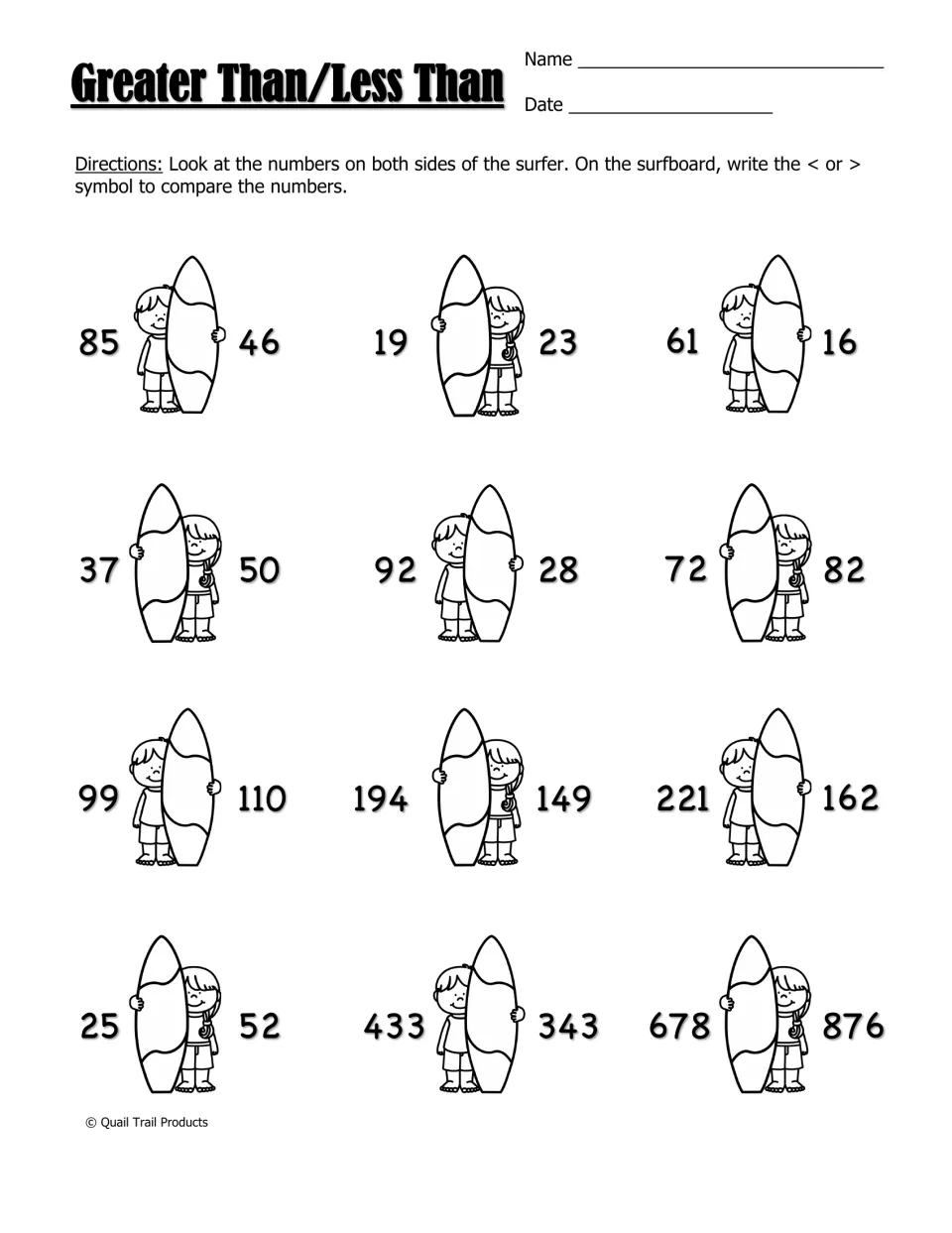 Greater Than/Less Than: students write < or > on each surfboard to compare 12 pairs of two- and three-digit numbers