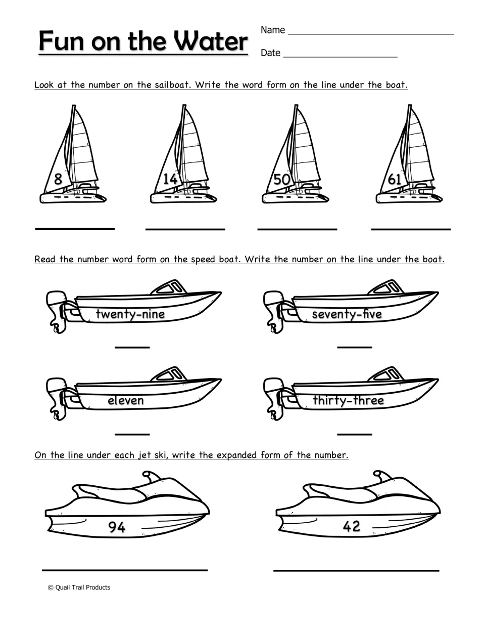 Fun on the Water: students convert between standard, word and expanded form with sailboat, speedboat and jet ski numbers