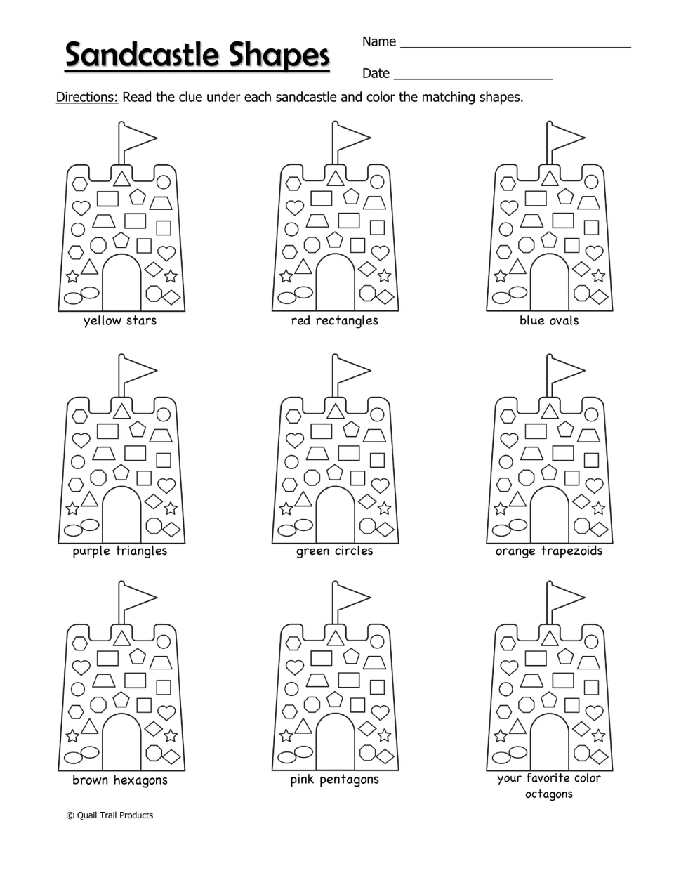 Sandcastle Shapes: students read each color clue and color the matching 2-D shapes, such as yellow stars and pink pentagons