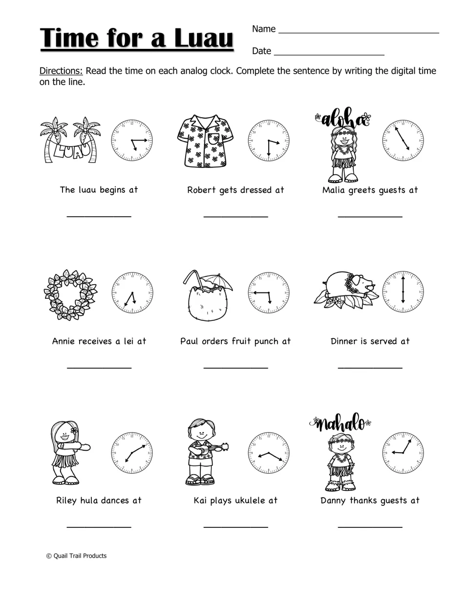 Time for a Luau: students read nine analog clocks and write each digital time to complete sentences about luau events