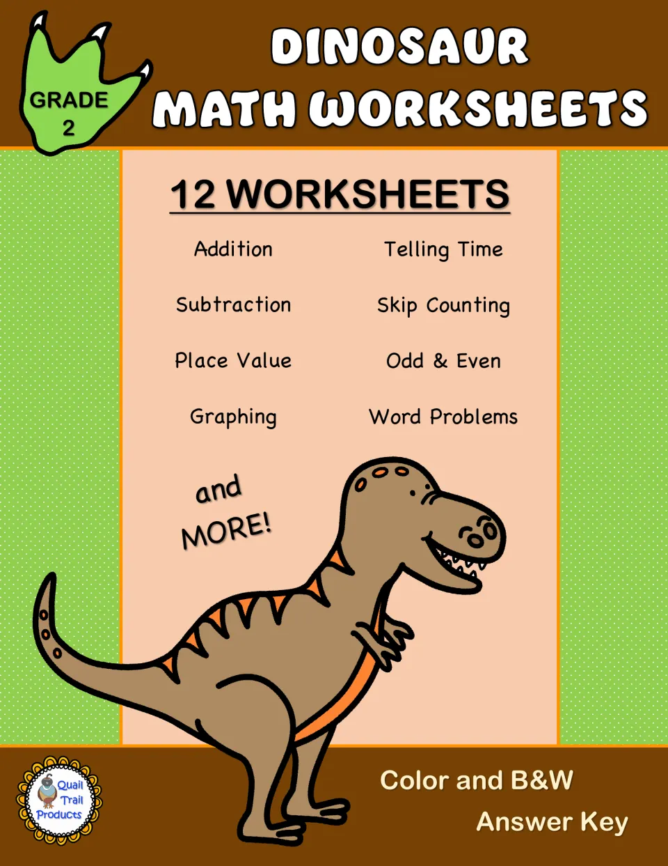 Dinosaur Math Worksheets cover listing 12 pages: addition, subtraction, place value, time, skip counting, odd and even