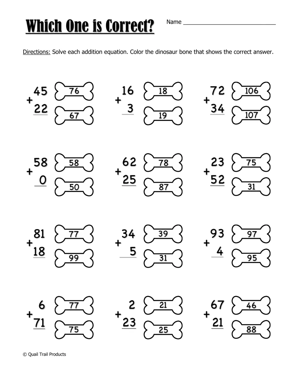 Which One is Correct? addition: students solve 12 sums and color the bone that shows each correct answer