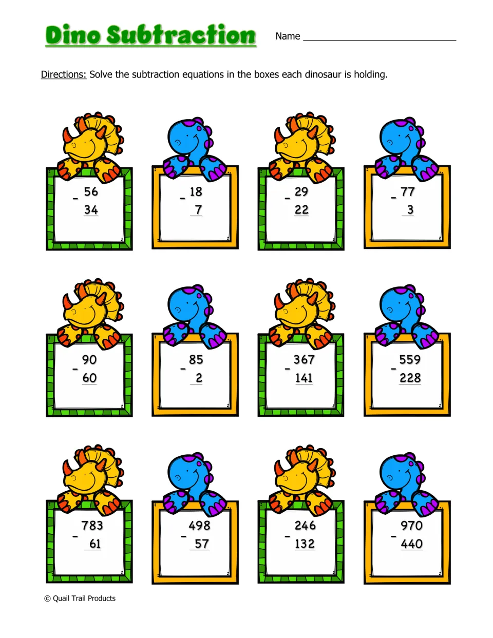Dino Subtraction: students solve 12 problems, from two-digit to three-digit, held up by cartoon dinosaurs