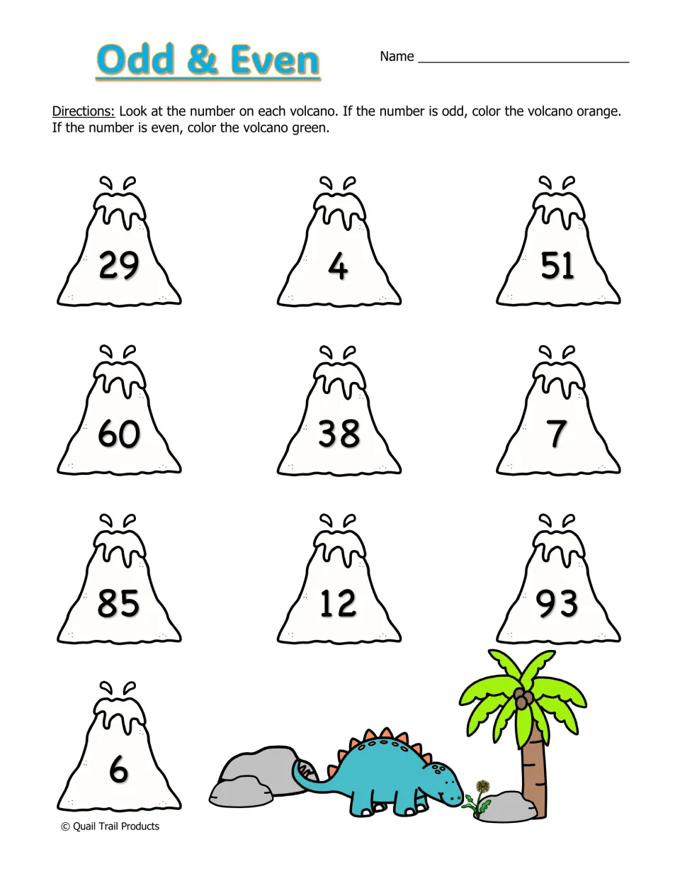 Odd & Even: students sort the numbers on 10 volcanoes, coloring odd ones orange and even ones green