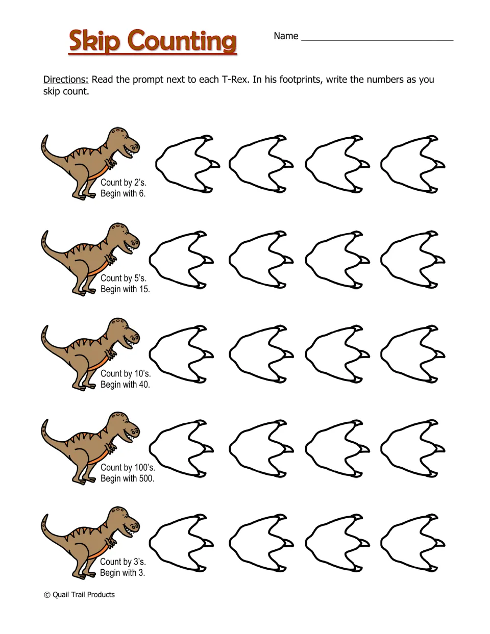 Skip Counting: students fill T-Rex footprints by 2s, 5s, 10s, 100s and 3s from given starting numbers