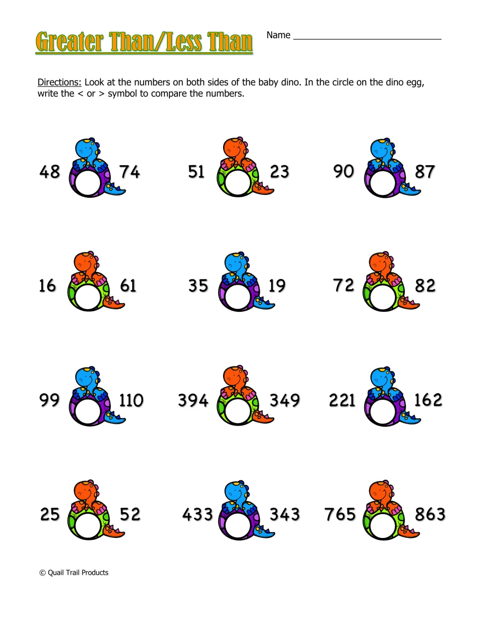 Greater Than/Less Than: students compare 12 number pairs up to three digits and write < or > on each dino egg