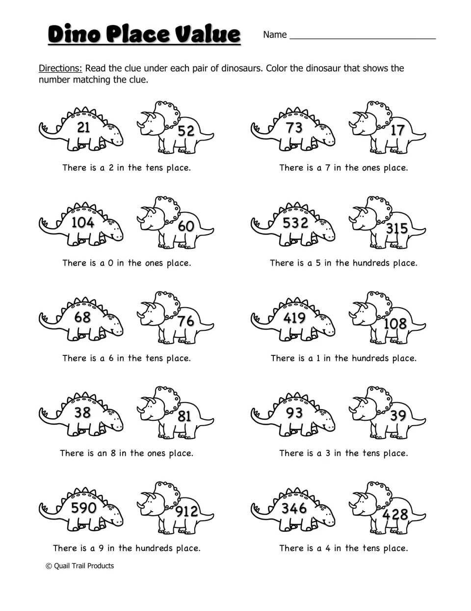 Dino Place Value: students read a clue about tens, ones or hundreds and color the dinosaur whose number matches