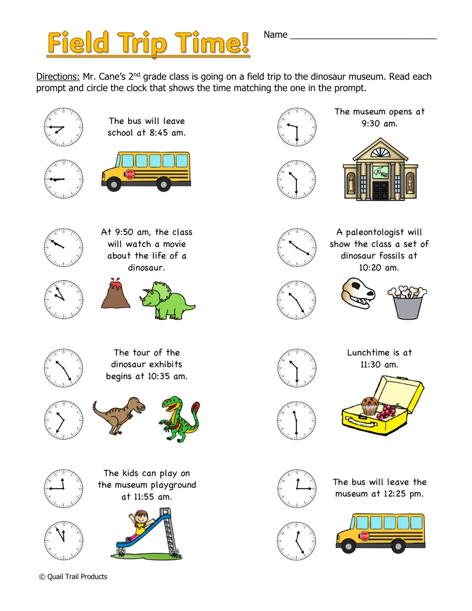Field Trip Time!: students read museum schedule times and circle the clock showing each, from 8:45 am to 12:25 pm